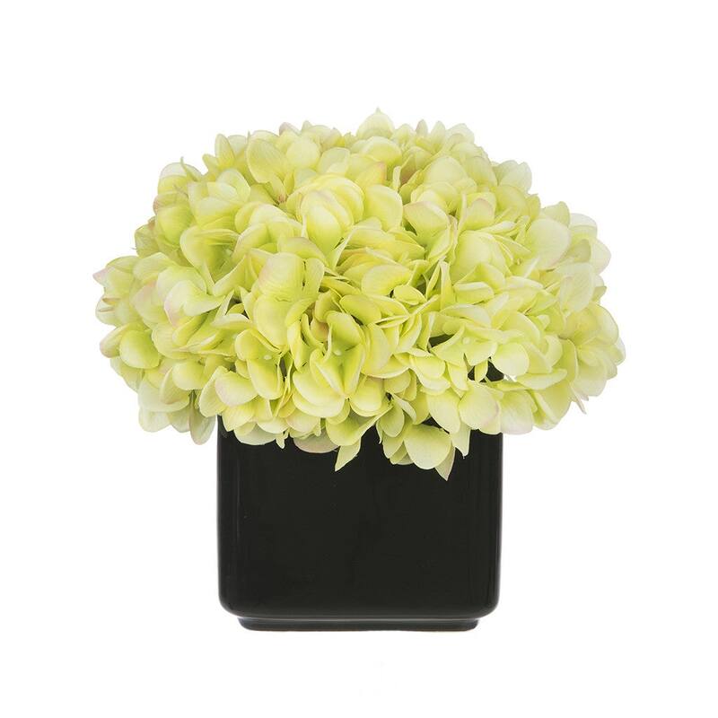 Faux Hydrangea in Small Black Cube Ceramic Vase