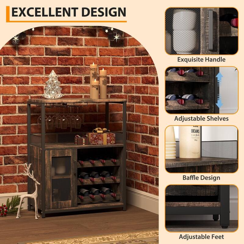 3-Tier Wine Bar Cabinet with Storage, Wine Rack & Glass Holder, Small Liquor Cabinet for Home, Black Corner Storage with Shelves