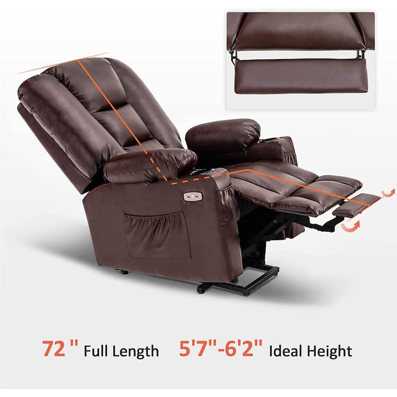 MCombo Large Lift Recliner Chair with Massage and Heat for Elderly, Extended Footrest, Cup Holders, USB Ports, Faux Leather 7539