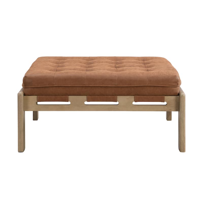 Christopher Knight Home - 34'' Tufted Upholstered Cocktail Ottoman, Square Leather Ottoman Coffee Table with Rubber Wood Frame