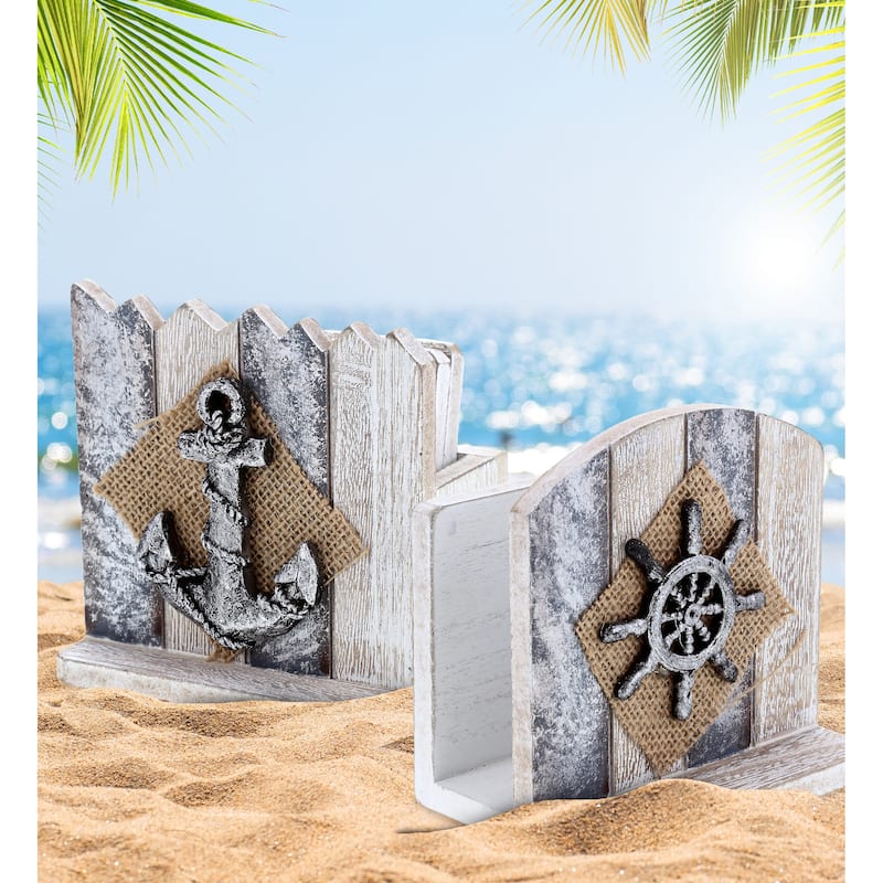 CoTa Global Silver Sea Nautical Wooden Napkin Holder and Coaster, 2 Pc - 4.8″Lx4.78″Wx3.2″H