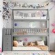 preview thumbnail 2 of 5, Twin over Twin Size House Shaped Bunk Bed with 3-Drawers, Pine Wood Kids Bed Frame with 3-Shelves for Bedroom, Grey