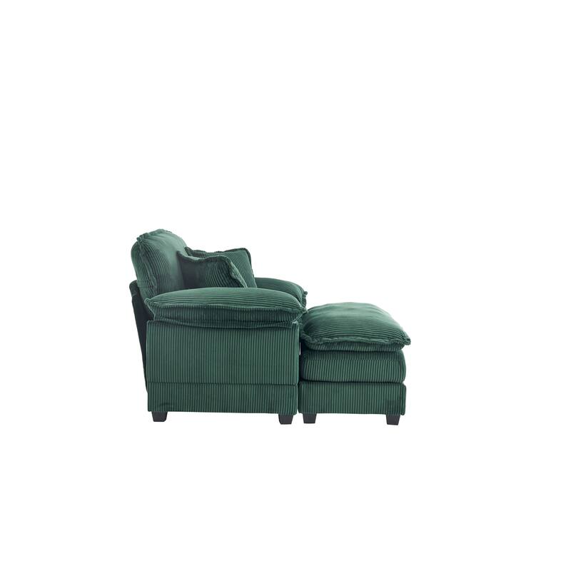 Green Corduroy Single Deep Seat Sofa with Ottoman