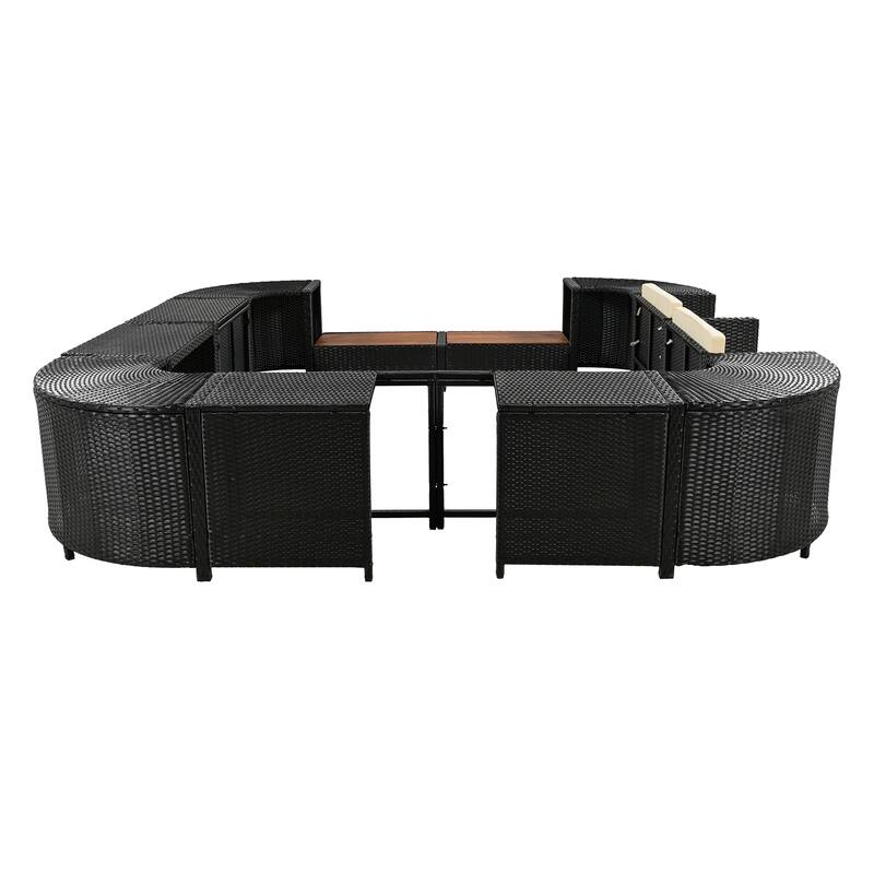 Outdoor Rattan Spa Frame Conversation Sofa Set with Storage & Wooden Bench