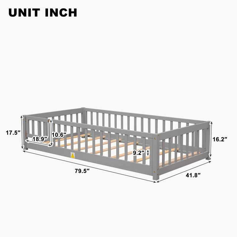 Pine Wood Floor Platform Bed with Fence and Door