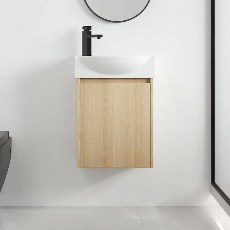 Malwee 16" Floating Bathroom Vanity, Mini Wall Mounted Bathroom Vanity with Ceramic Sink and Soft Close Door - 16"×11"×22"