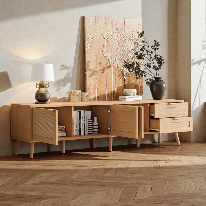 70" Rattan TV Stand for TVs up to 80", Modern Media Console with 2 Drawers, Storage Cabinets & Cable Holes, Solid Wood Legs
