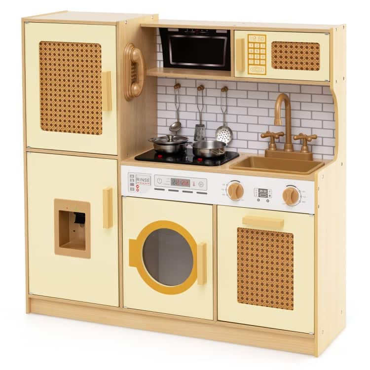 MDF Rattan Kids Play Kitchen with Lights, Sounds and Accessories - 33" × 10" × 31.5" - Yellow