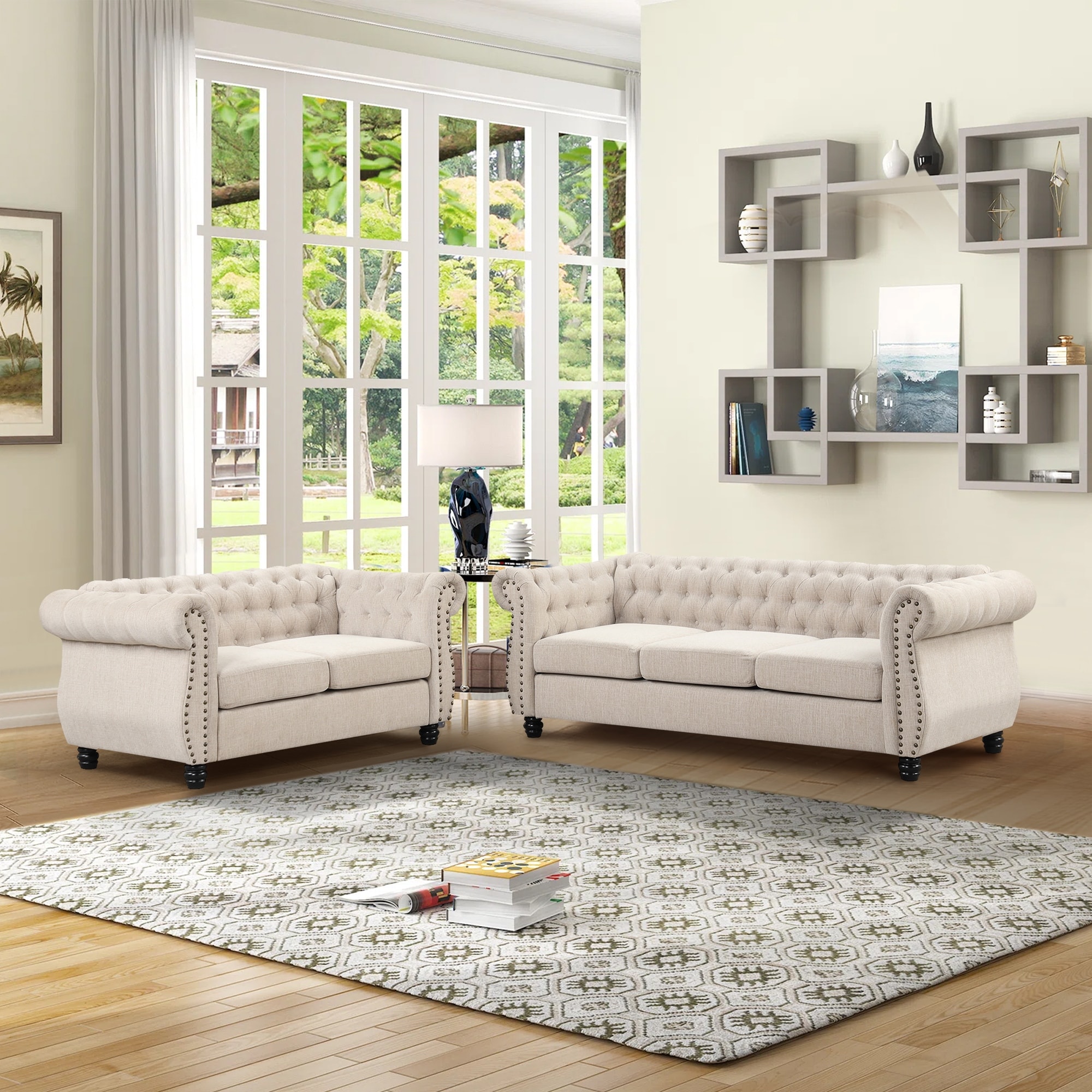 Morden Fort Lovaseat and Sofa Set Tufted Upholstered Chesterfield