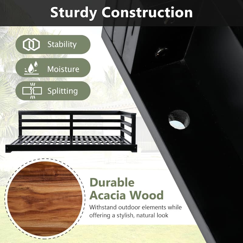 Country Patio Wooden Twin Size Swing Daybed Porch Swing Frame with 4pcs 96-inch Hemp Ropes for Backyard, Garden, Black