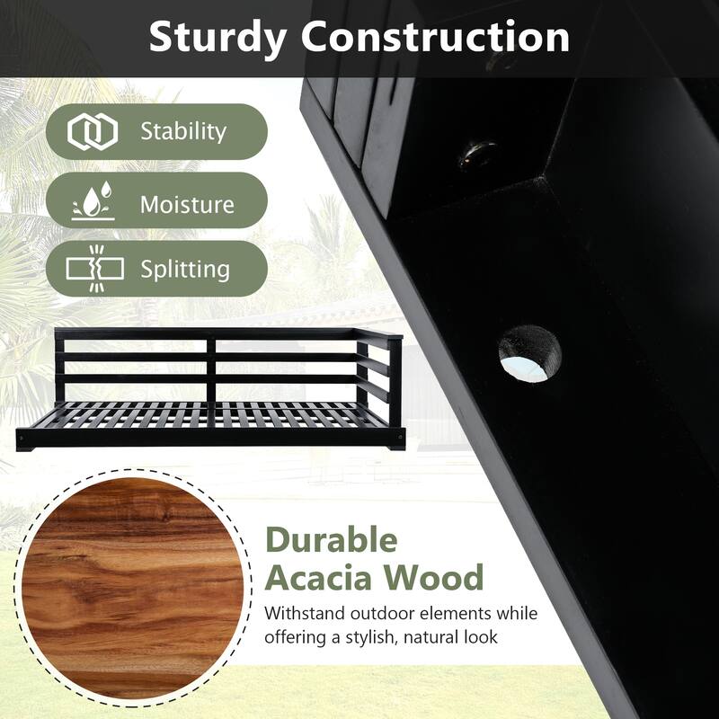Country Style Acacia Wood Porch Swing Bed,Twin Size Outdoor Daybed with 4x 96" Hemp Ropes,Rustic Patio Hanging Swing for Garden
