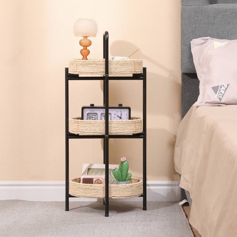 Small Handwoven Side Tables 3-Tier Oval Organizer Portable Storage Shelf
