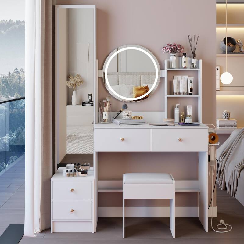 Full Body Mirror Cabinet +Round Mirror LED Vanity Table +Cushioned Stool,With 2 AC + 2 USB Power Station,17"Diameter LED Mirror - White
