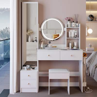 Round Mirror LED Vanity Table, Dresser Set with Full Body Mirror Cabinet & Cushioned Stool, Makeup Cabinet with Touch Control