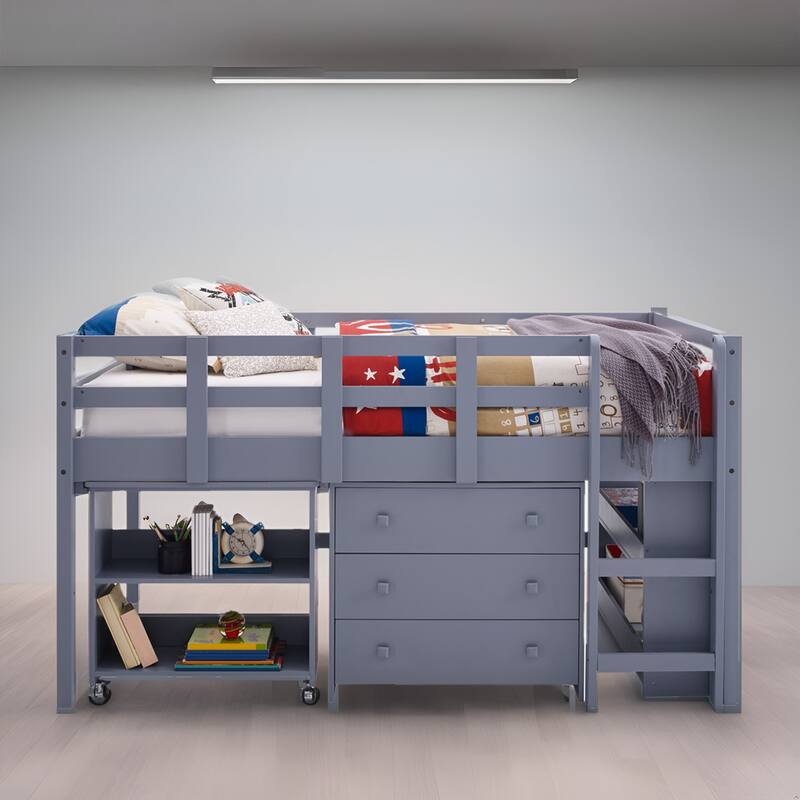 Twin Size Low Loft Bed with Desk and Storage - Kids Pine Wood Loft Bed with Cabinet and Study Space