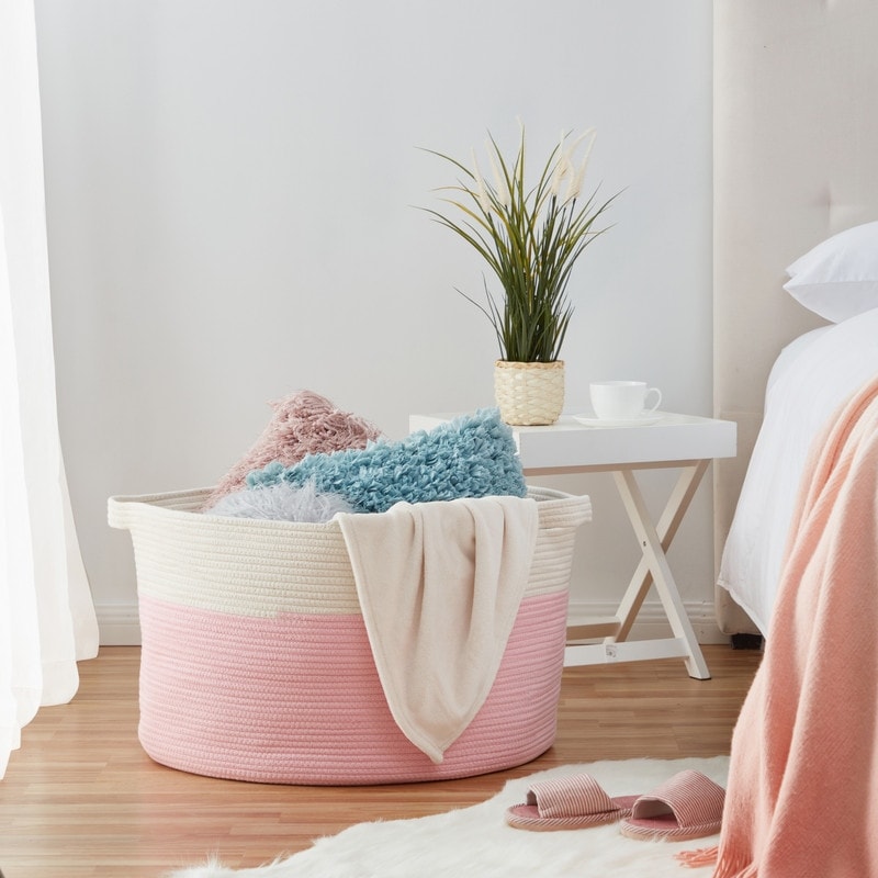 Cotton Rope Basket Woven Baby Laundry Blanket Basket Toy Basket with Handle Storage Comforter Cushions Thread Laundry Hamper Nursery Bin 