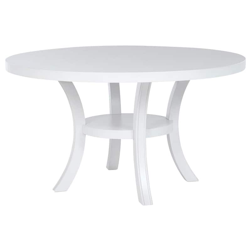 Judy Round Dining Table with Shelf and Flared Legs, White Wood 54 Inch