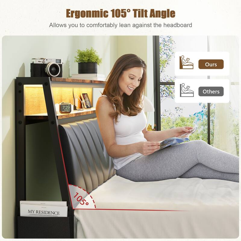 Queen Size Platform Bed with Tilted Headboard and LED
