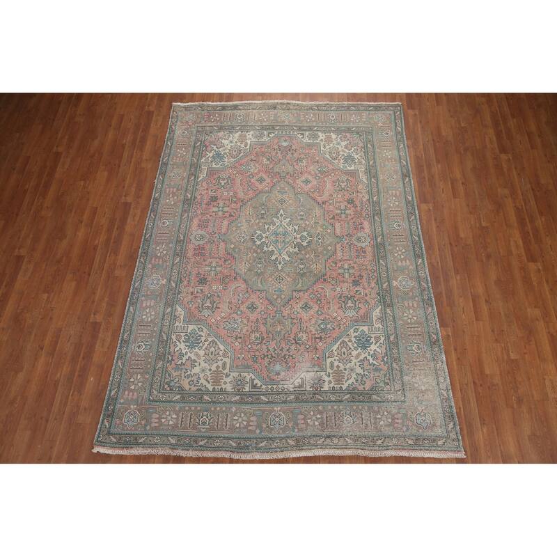 Hand Knotted Oriental 100% Wool Carpet Traditional Medallion Pink Tabriz Area Rug - 9' 7'' X 6' 7''