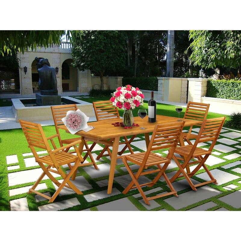 7-Piece Outdoor Dining Set - 6 Armchairs & Small Table - Natural Oil Finish Patio Furniture - 72
