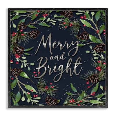 Stupell Merry & Bright with Holly Leaves Framed Giclee Art Design By Elizabeth Tyndall