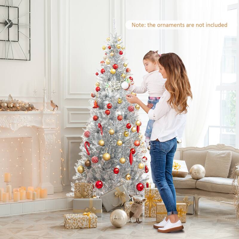 Gymax 6 FT Pre-lit Artificial Silver Tinsel Christmas Tree Slim Pencil