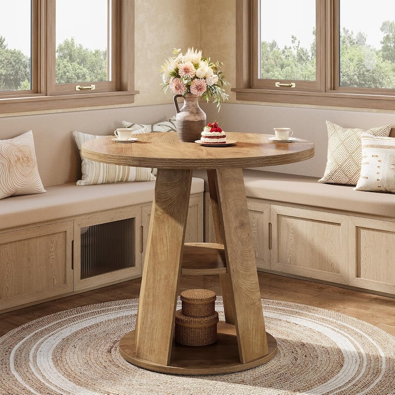 31.5" Small Round Wood Dining Kitchen Table for 2 with Storage Shelf - 31.5" W x 31.5" D x 29.5" H