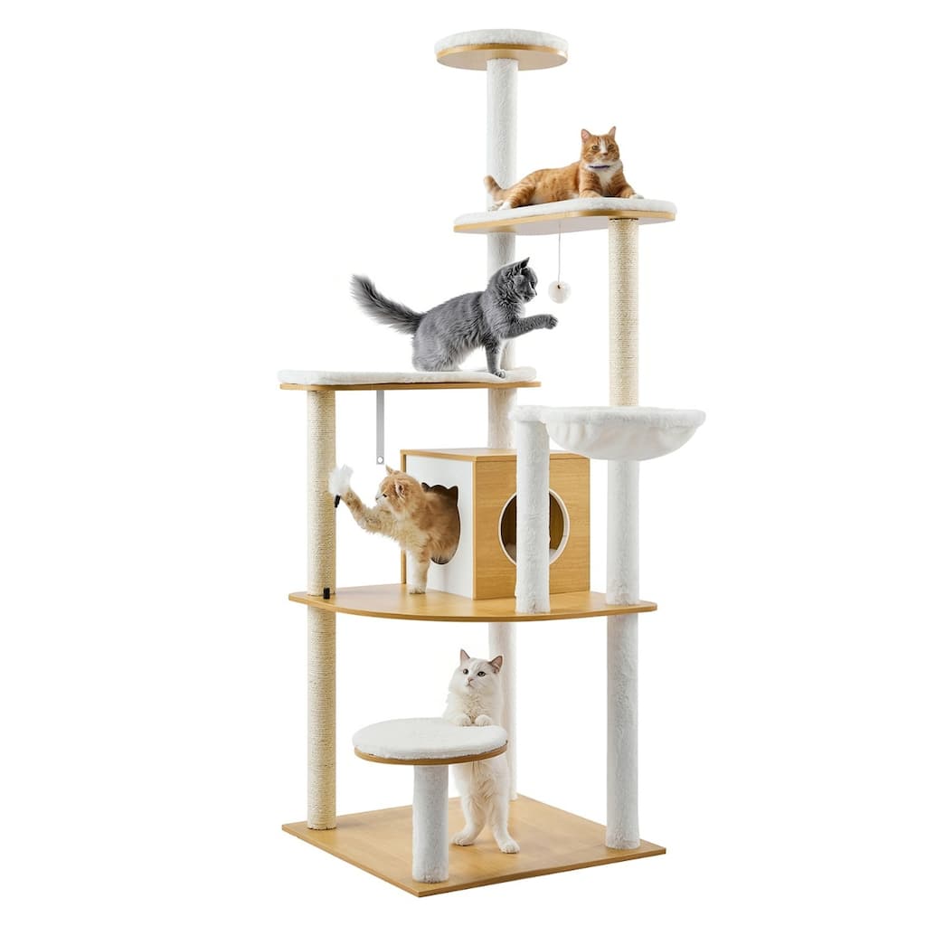 Burly Wood Particle Board Cat Tree with Litter Box, Hammock and Scratch Posts