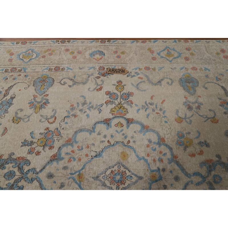 Tabriz Persian Area Rug Beige Floral Handmade Wool Carpet - 7'10"x 11'1"