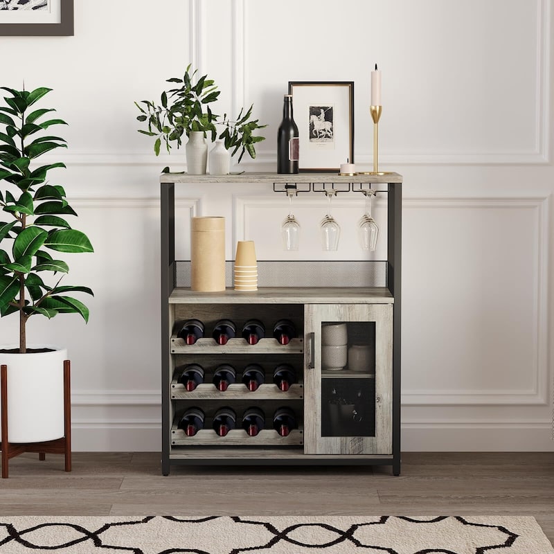 3-Tier Wine Bar Cabinet with Storage, Wine Rack & Glass Holder, Small Liquor Cabinet for Home, Black Corner Storage with Shelves