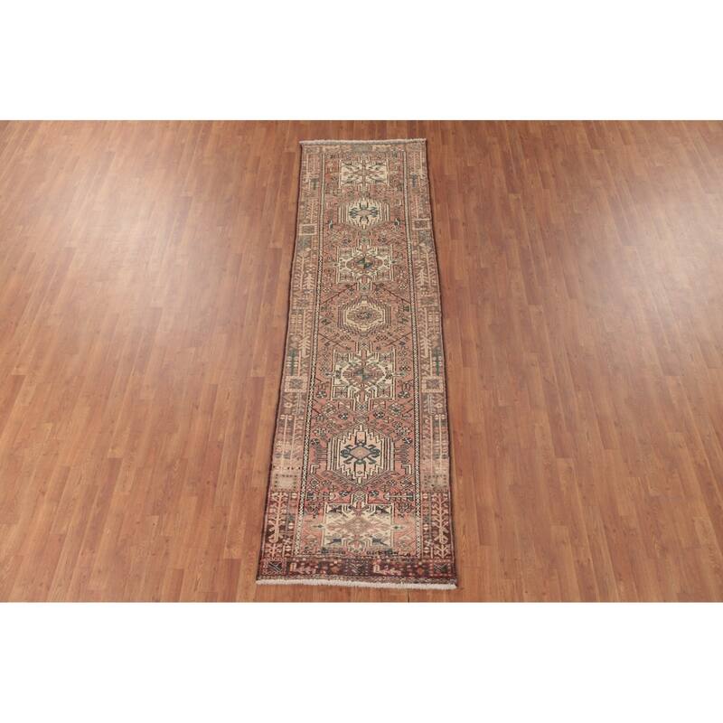 Tribal Pink Gharajeh Persian Vintage Runner Rug Wool Carpet - 3'0"x 10'6"