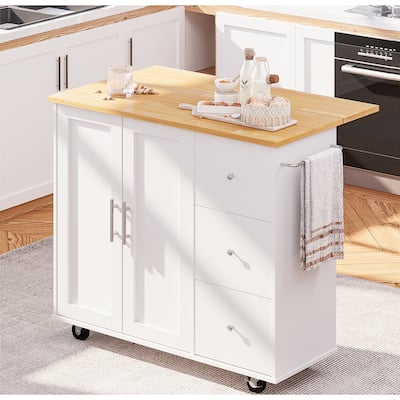 Rolling Kitchen Island with Storage Cabinet & 3 Drawers – Mobile Storage Cart with Extendable Countertop for Small Spaces