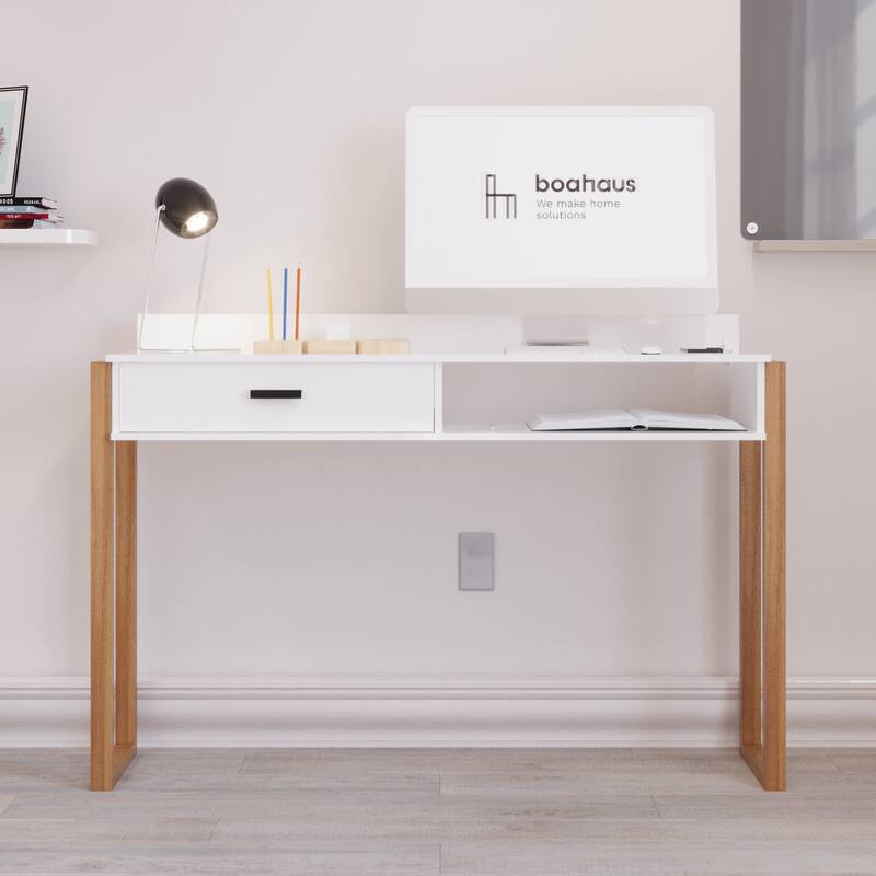 Modern Computer Desk with Drawer, Space-Saving, Shelf and Dual USB Charging Ports