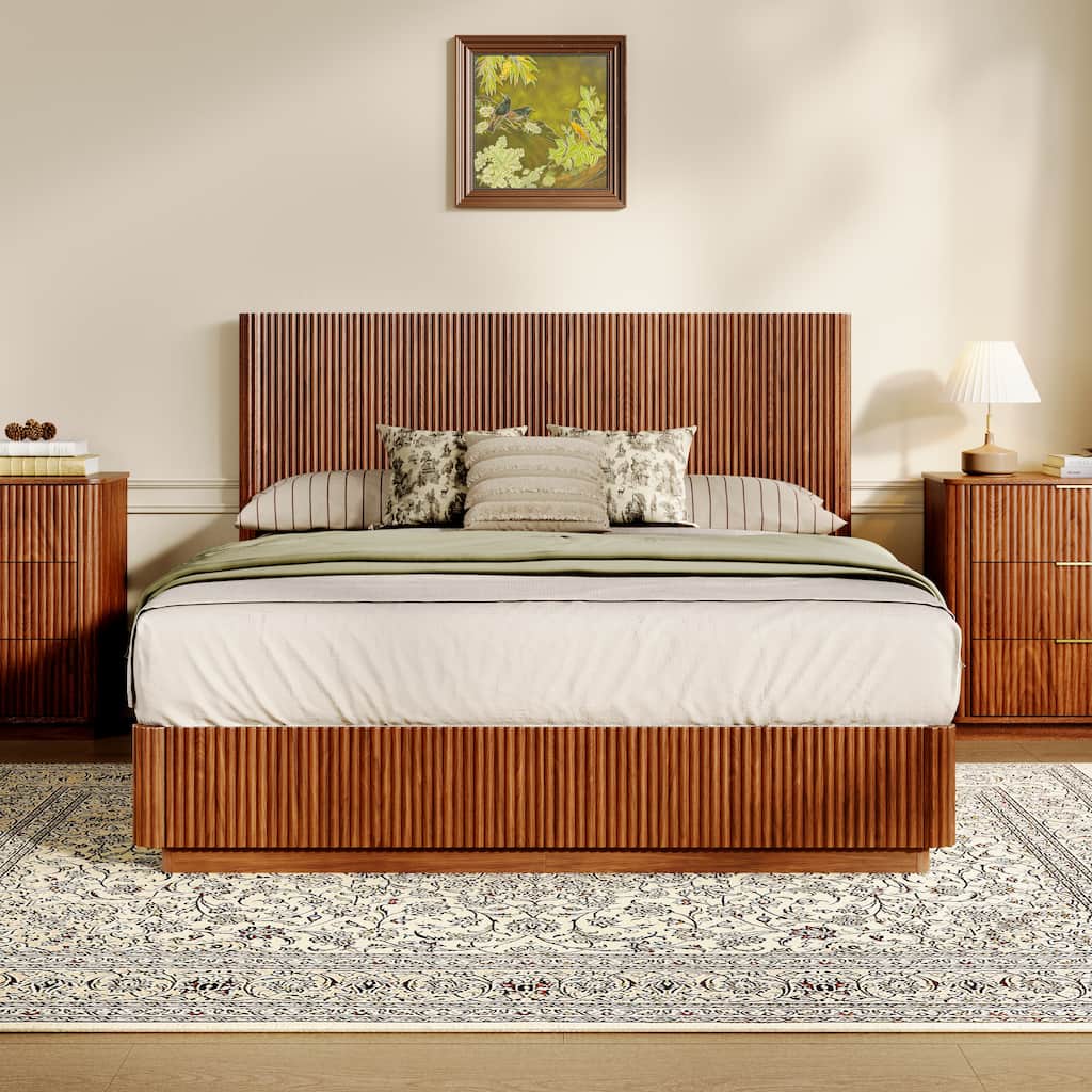 Queen Size Bed Frame, Modern Wooden Corrugated Curved Lines, Convex Groove Board Design, Walnut