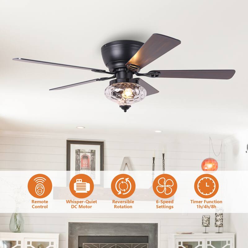 52" Classic Matte Black Flush Mount Ceiling Fan with Light and Remote - 52 in. D x 52 in. W x 14 in. H