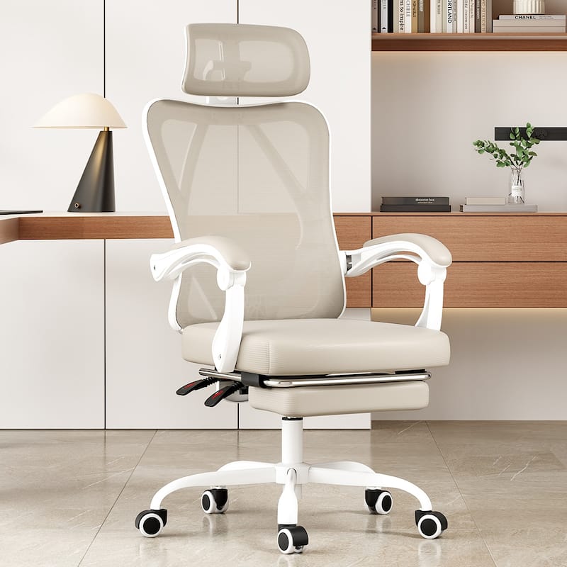 Ergonomic Office Chair with Footrest, Office Desk Chair with Headrest, High Back Computer Chair with Adjustable Lumbar Support - khaki