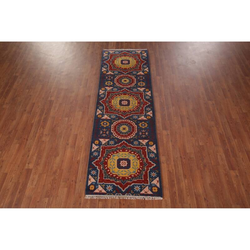 Blue Geometric Kazak Oriental Runner Rug Hand-Knotted Wool Carpet - 2'7"x 8'0"