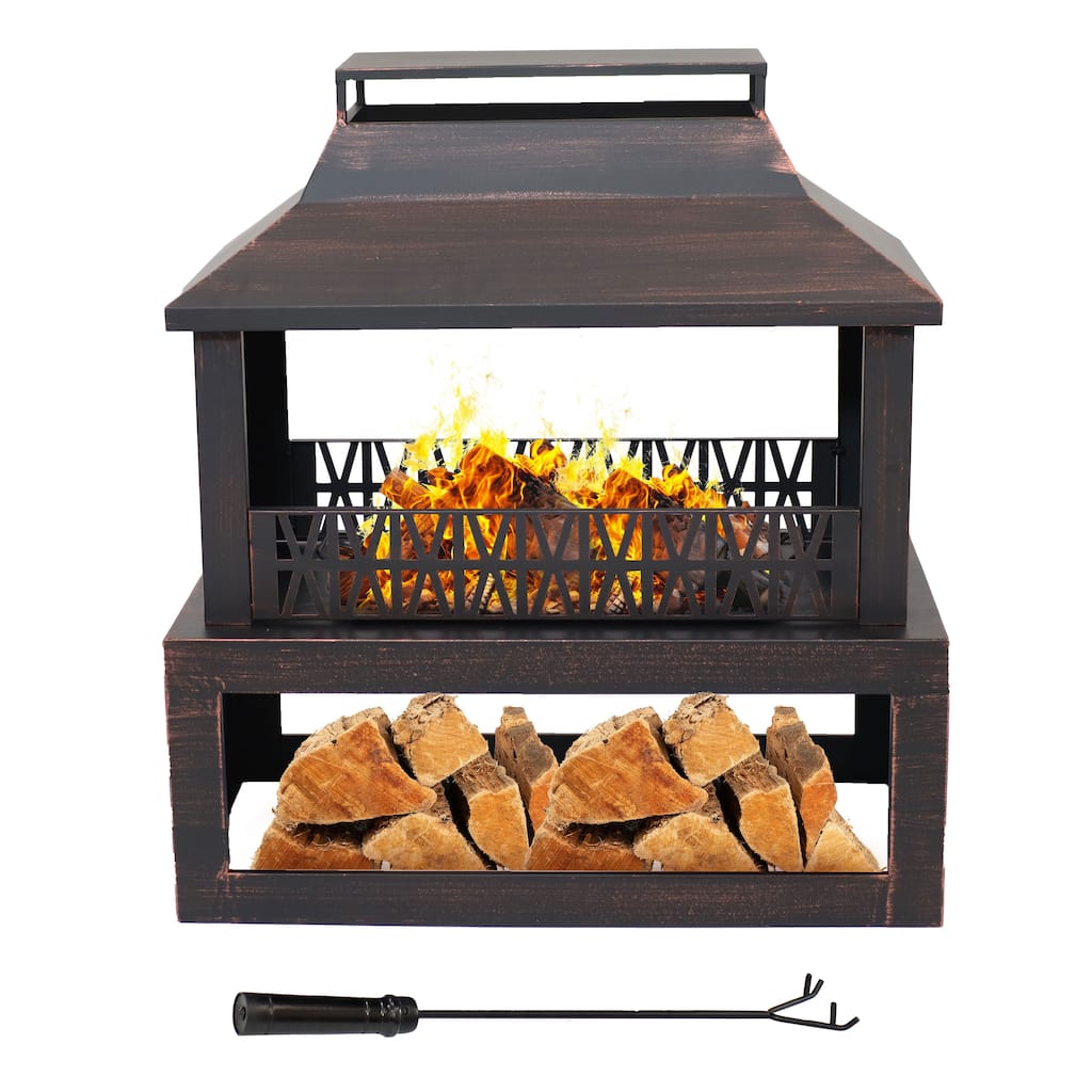 Bronze Steel Outdoor Fireplace with Log Storage - 35" H