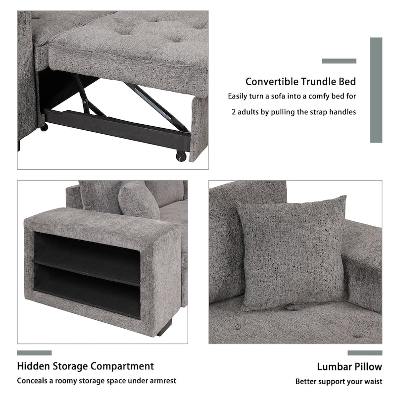 104" Modern L-Shape 3 Seat Reversible Sectional Couch, Pull Out Sleeper Sofa with Storage Chaise and 2 Stools