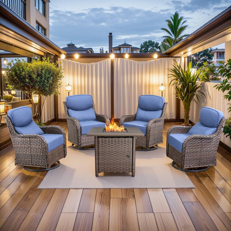 Pocassy Outdoor 6" Swivel Chairs with Fire Pit Table - 5 Pieces Swivel Chair with Fire Table - Brown Wicker Blue Cushion