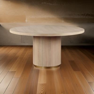 Emi 59 Inch Dining Table, Round Top and Pedestal Base, Rustic Brown, Gold