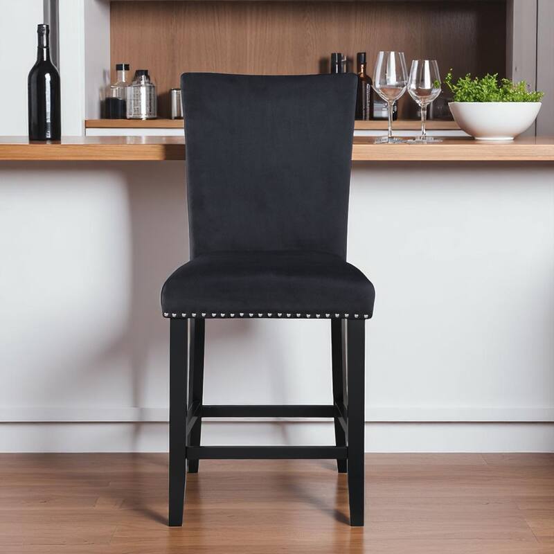HomeRoots 25" Black Wood and Velvet Counter Height Bar Chair - Counter Height - Black - Single