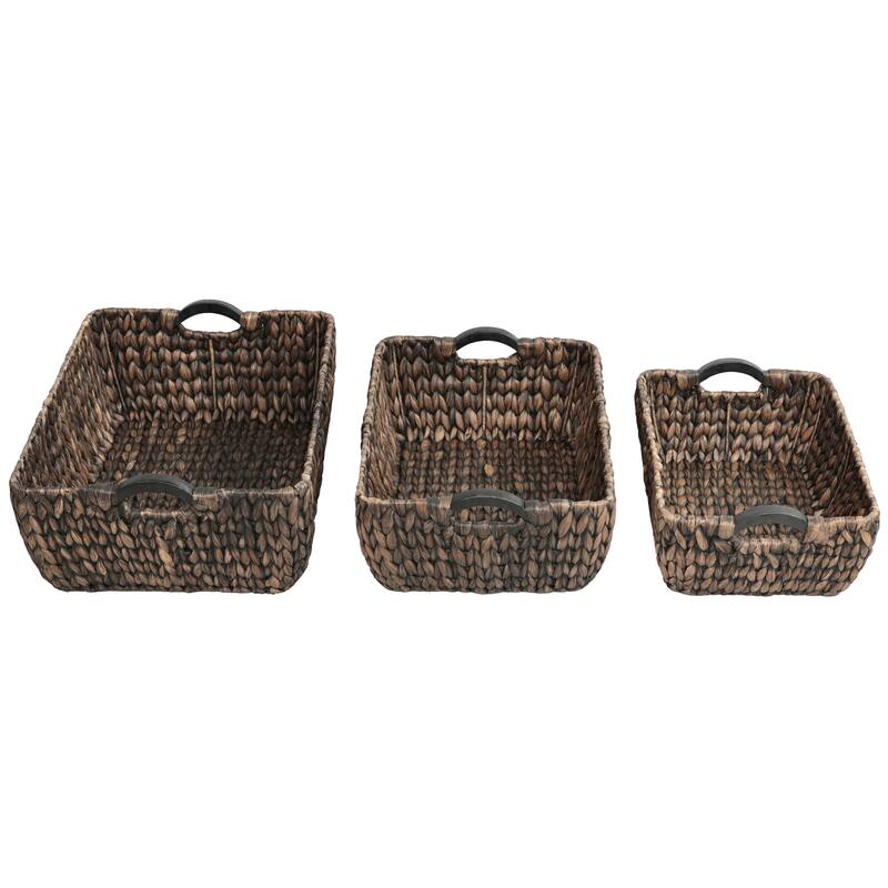Astor Handwoven Water Hyacinth Nesting Storage Baskets, Wood Handles (Set of 3)