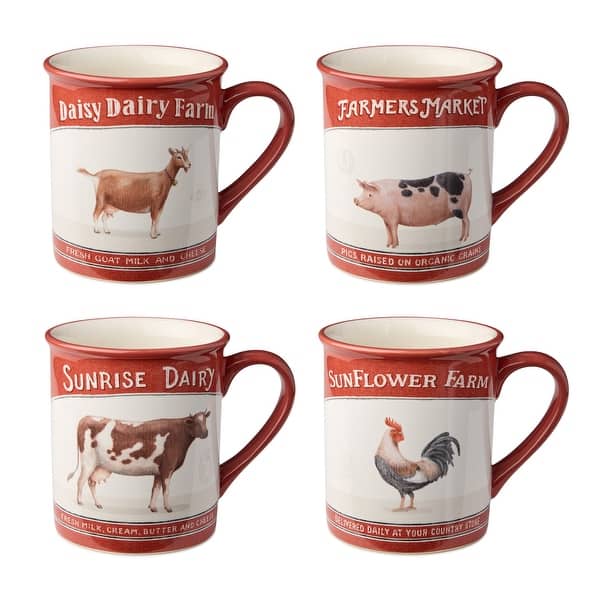 Vintage Farm Mugs Set of 4 with Farm Animals - 16 oz. Coffee Mugs