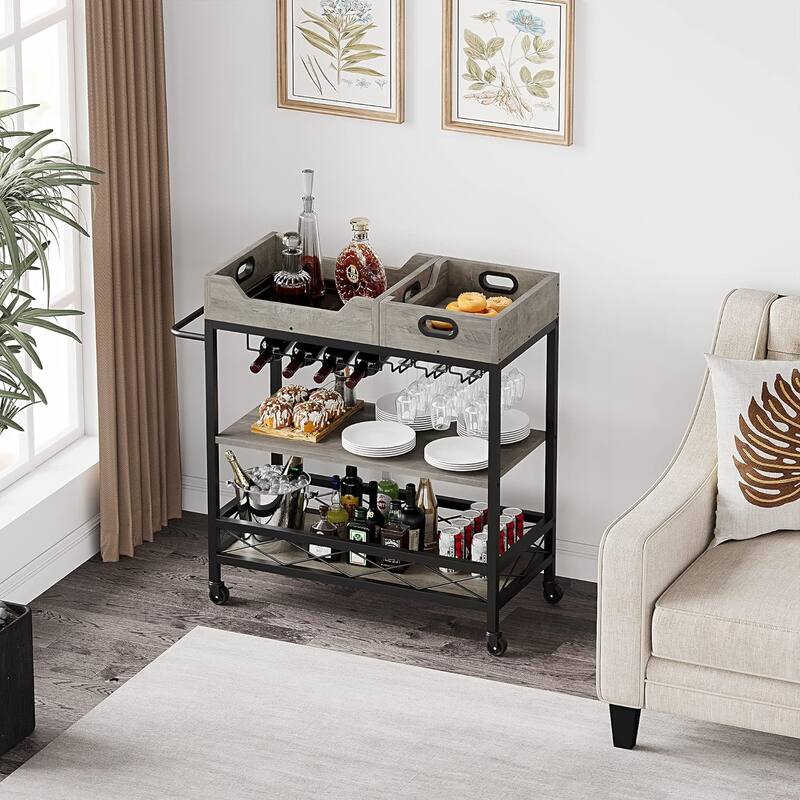 3 Tier Home Bar Serving Cart with Wine Rack and Glass Holders