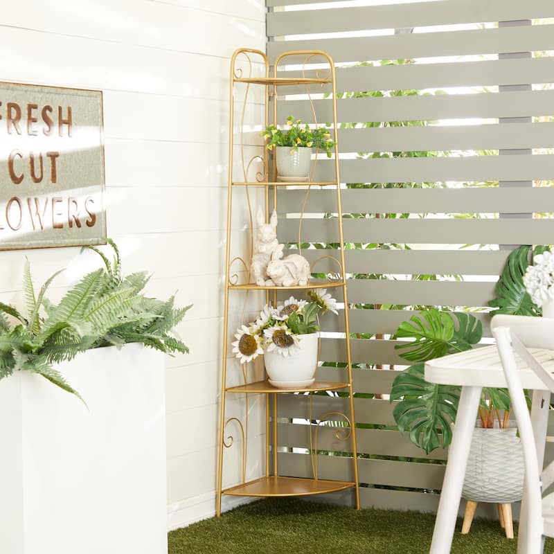 Metal Indoor Outdoor Tall Folding 5 Shelves Scroll Bakers Rack - Gold - 11"W, 65"H