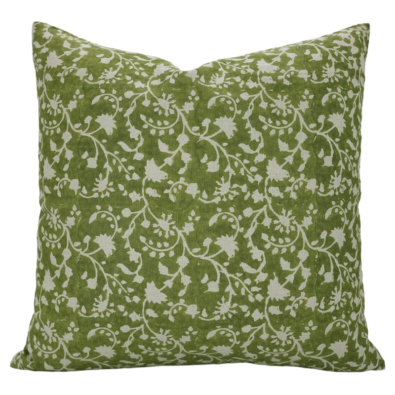 Fabdivine 12x20 Handmade Pure Linen Cushion Cover Floral Mustard Ideal for Sofa, Floral Block Print, Accent Décor, Bagru Buti - Pillow Covers - Firoza- Green - 26" x 26"