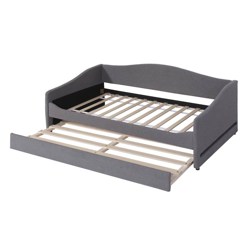 HomeRoots Gray Tufted Boucle Twin Day Bed With LED Lighting And Trundle And USB