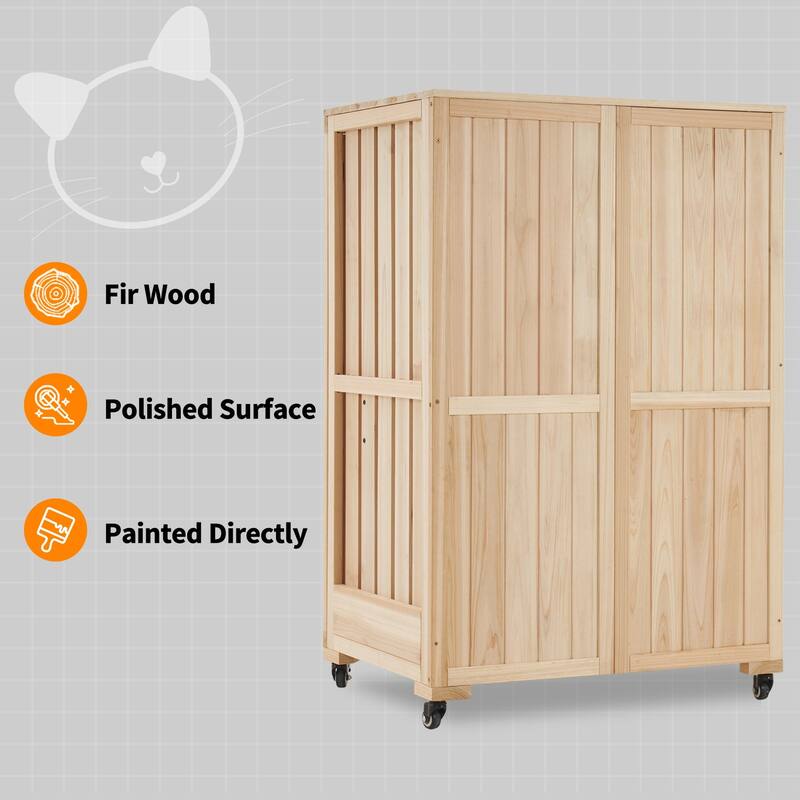 Mcombo Luxury Cat House with Scratching Post, Wooden Large Cat Villa with Wheels, Multi-Feature Cat Condo with Escape Door CT83