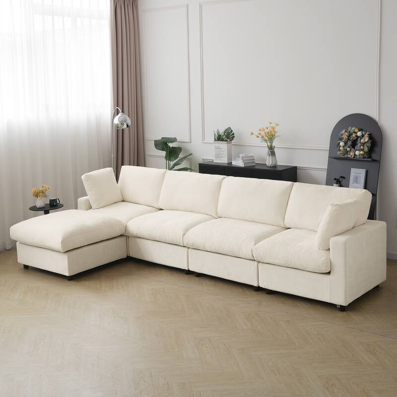 134" Cloud Sectional Couches, L Shape Couch with Ottoman, 6 Seater Modular Sectional Sofa, Cushion Covers Removable - Beige
